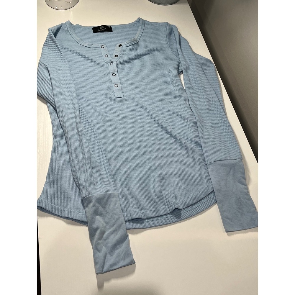 Twenty5A Light Blue Waffle Knit Henley Long Sleeve‎ Cuff Top Size S